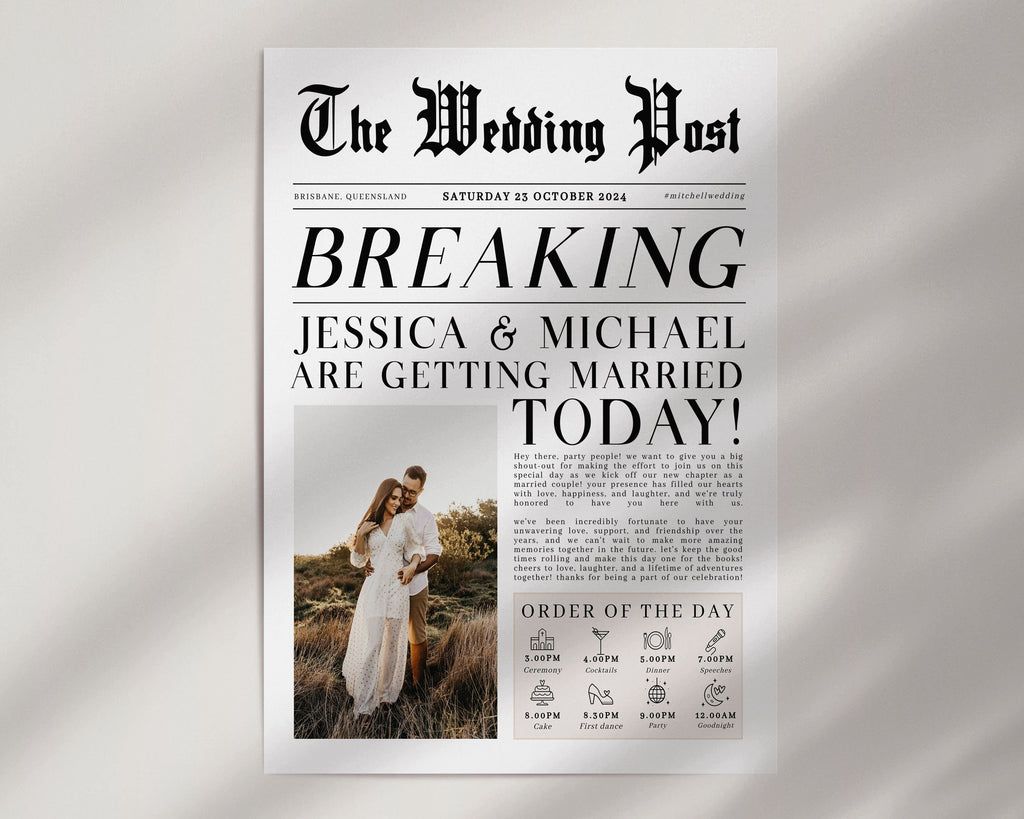 Fun Newspaper Wedding Program Template, Editable Wedding Infographic, Wedding Program, Printable Wedding Timeline, Wedding Word Search
