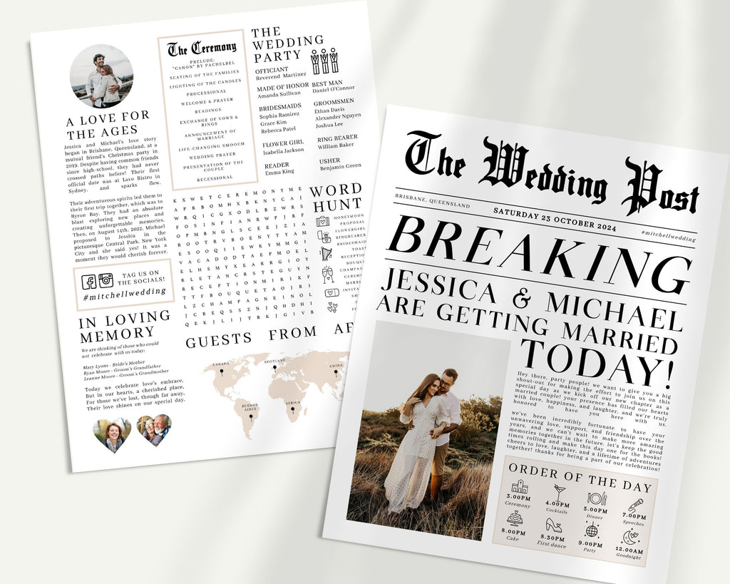 Fun Newspaper Wedding Program Template, Editable Wedding Infographic, Wedding Program, Printable Wedding Timeline, Wedding Word Search