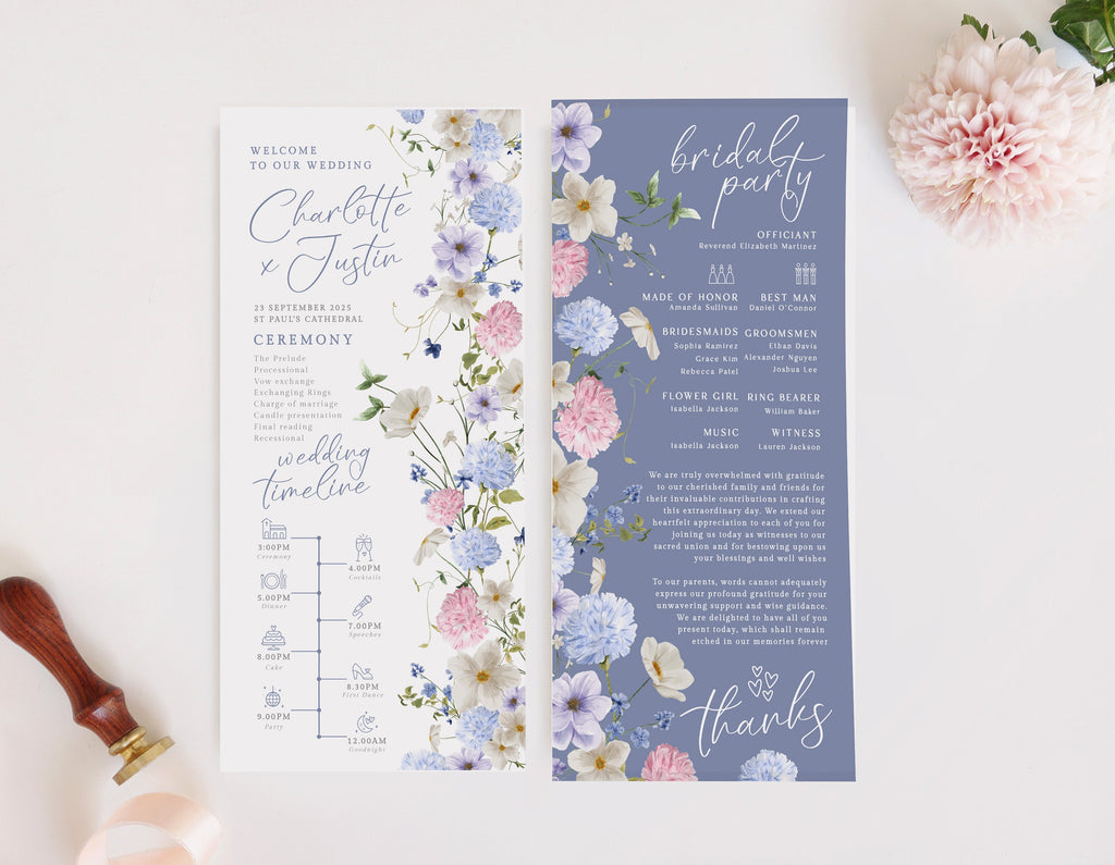 MAE Blue Floral Wedding Program Template, wedding program, Garden Wedding Ceremony Program, Printable, Editable, Templett INSTANT Download