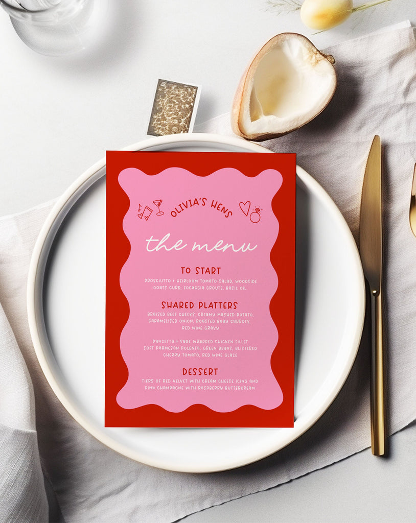 JEMMA Menu Pink Red Wavy Editable Template Instant Download, Colourful Hand Drawn Wriggly, Modern Bachelorette, Templett Instant Download