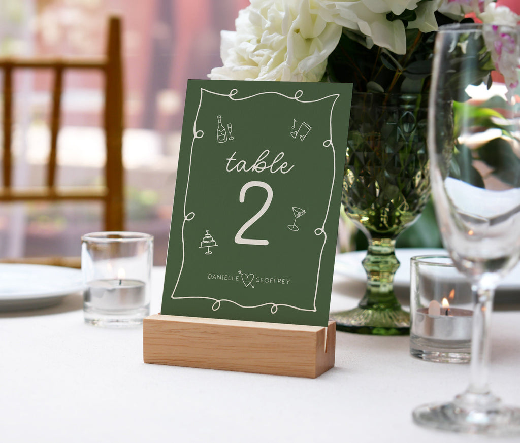 POET Forest Green Table Numbers Template, 5 x 7 Wedding Table Numbers Template, Wriggly Hand Drawn, Bohemian Editable Instant Download