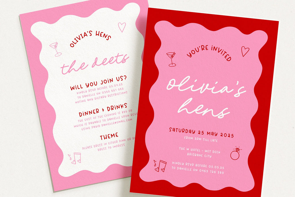 JEMMA Pink Red Hens Party Invitation Template Download, Editable Template Instant Download, Wavy border, Templett