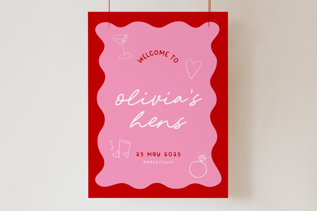 JEMMA Pink Red Wavy Bridal Shower Hens Welcome Sign Template Download, Bachelorette Welcome Template Instant Download, Wavy border, Templett