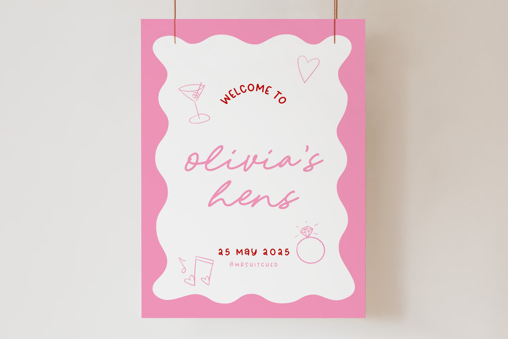 JEMMA Pink Hens Party Welcome Sign Template Download, Editable Welcome Template Instant Download, Wavy border, Templett