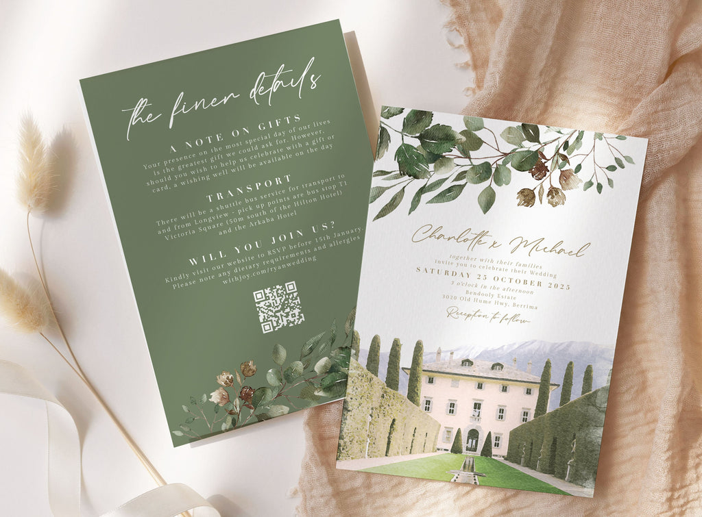 RUTH Custom Wedding Invitation with Watercolor Venue Painting, Greenery Editable Invitation Suite, Custom Watercolor Wedding Venue