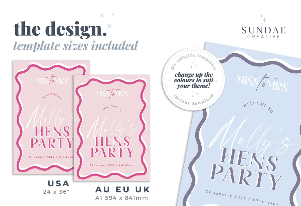 SONNY Hens Party welcome sign template, Pink Wavey bachelorette party, editable welcome template, templett instant download