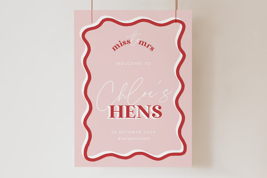 HITCHED Pink Red Modern Hens Party welcome template, Printable bacheloret te party, editable welcome template, templett instant download