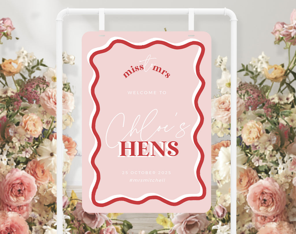 HITCHED Pink Red Modern Hens Party welcome template, Printable bacheloret te party, editable welcome template, templett instant download