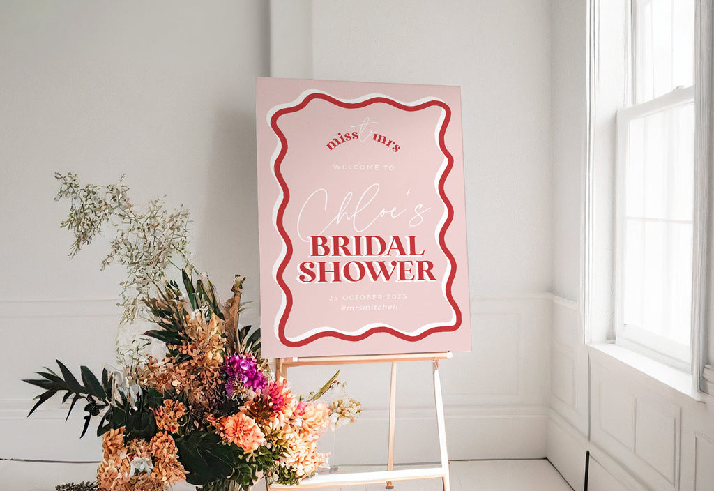 HITCHED Pink Red Bridal Shower welcome sign template, blush pink welcome sign, summer bridal shower poster