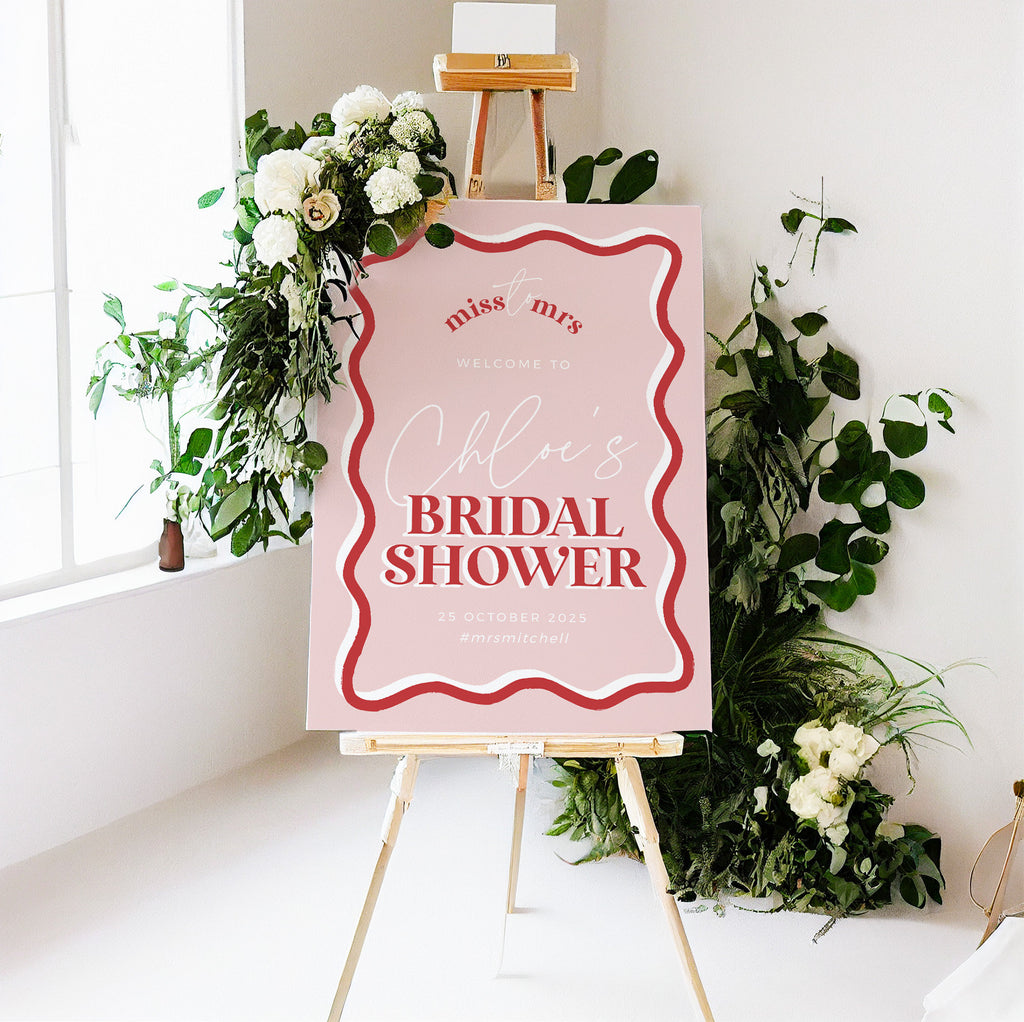 HITCHED Pink Red Bridal Shower welcome sign template, blush pink welcome sign, summer bridal shower poster