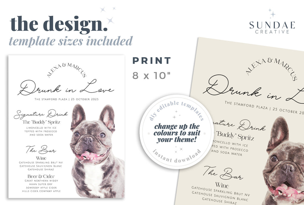 Dog Signature Drink Sign, Pet Signature Cocktail Sign, Minimalist Bar Sign, Dog Cocktail Sign, Editable Template, Bar Menu DAZZLE
