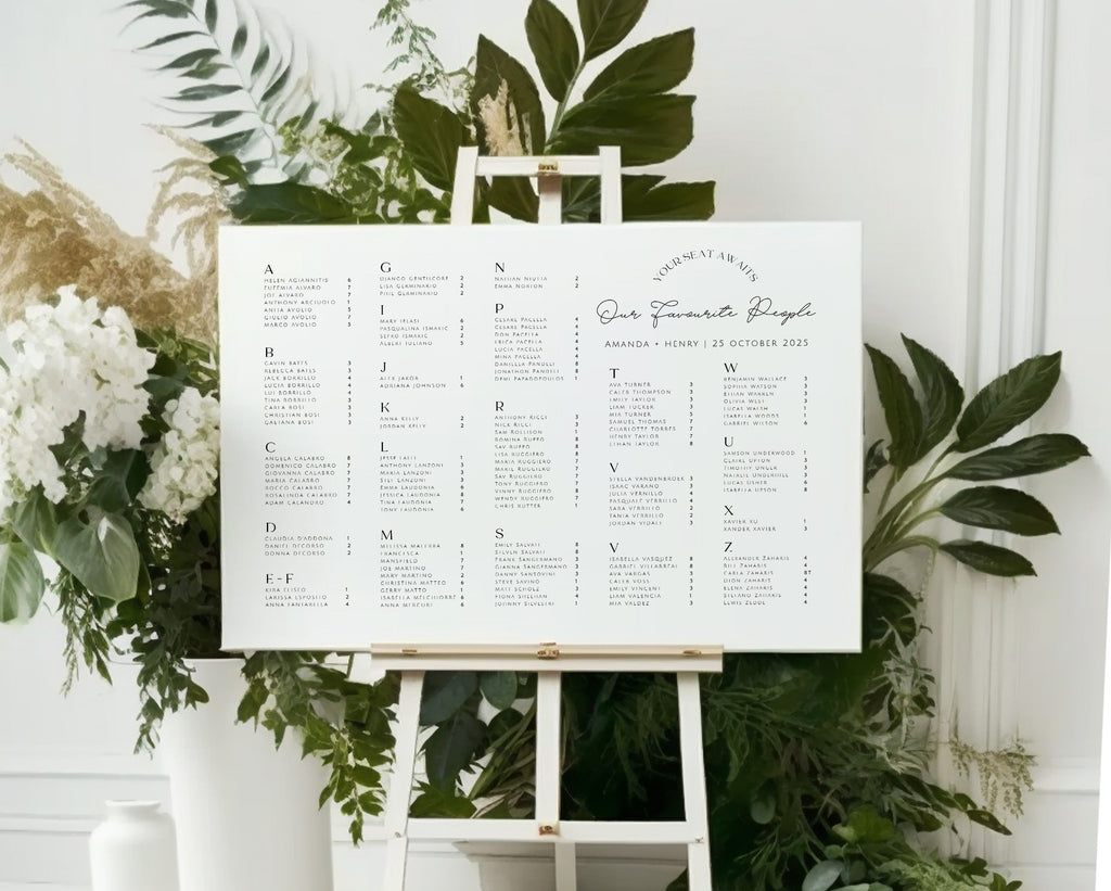 DAZZLE Alphabetical seating plan template, Minimalist Alphabetical Seating Chart Sign, Our Favourite People Seating, Editable Templett