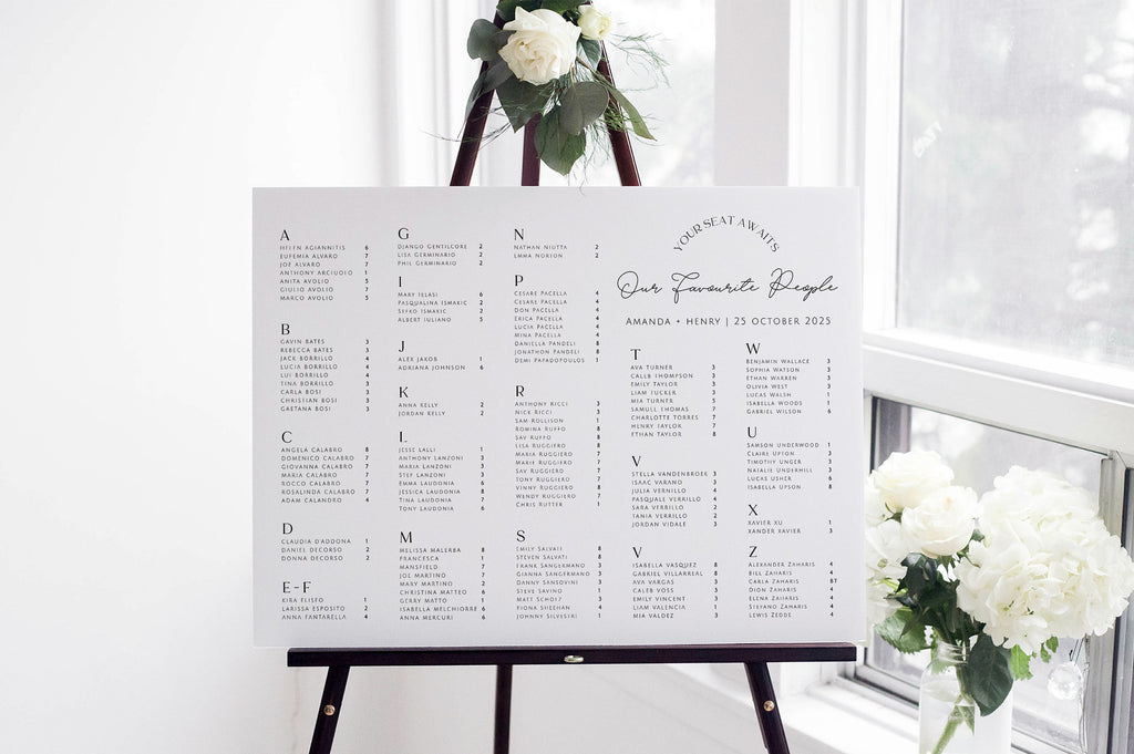 DAZZLE Alphabetical seating plan template, Minimalist Alphabetical Seating Chart Sign, Our Favourite People Seating, Editable Templett