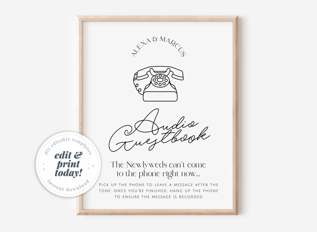 DAZZLE Modern Audio Guestbook Sign template, Minimalist Wedding Sign, Phone Message Guest Book, Pick Up The Phone, Editable Templett