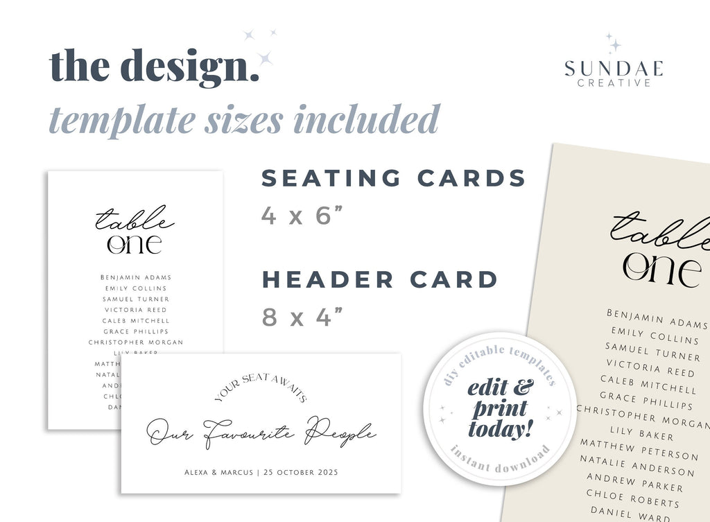 DAZZLE Modern Seating Chart Cards, Table Seating Chart Printable, Wedding Seating Card Sign, Instant Download Editable Templett
