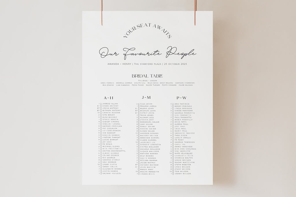 DAZZLE Alphabetical seating chart template, Download Minimalist Seating Plan, Alphabetised Printable Seating Plan Editable Templett