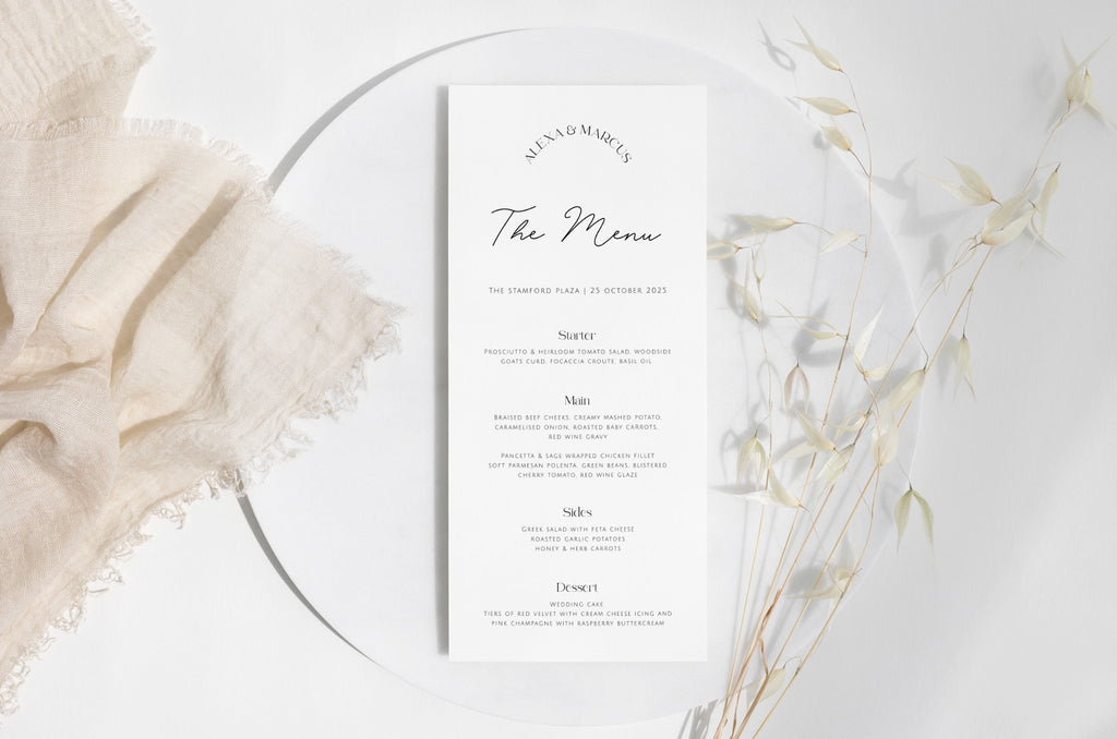 DAZZLE Elegant Minimal Wedding Menu Template, Modern wedding menu, Printable Modern Menu Template Editable Dinner Menu Editable Templett