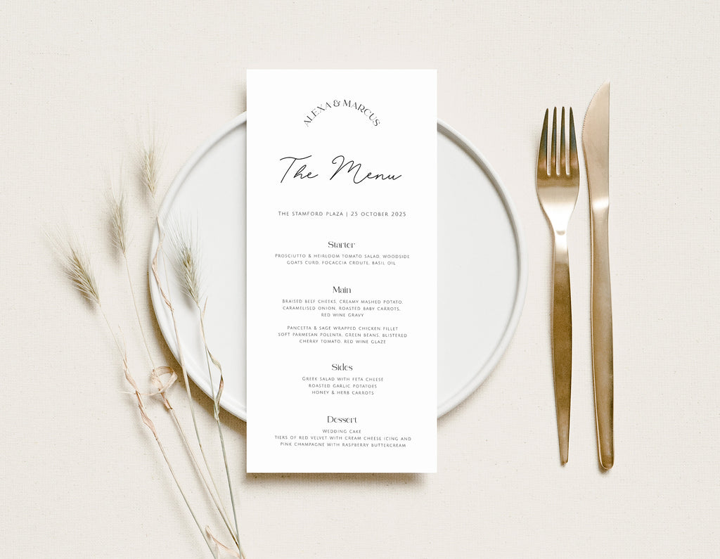 DAZZLE Elegant Minimal Wedding Menu Template, Modern wedding menu, Printable Modern Menu Template Editable Dinner Menu Editable Templett