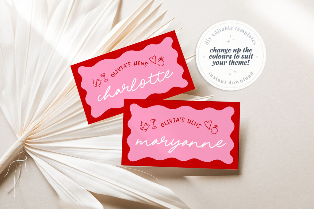 JEMMA Pink Red Wavy Place Card, Hens Guest Cards, Placecard Bridal Shower Table Name Card, Templett Instant Download