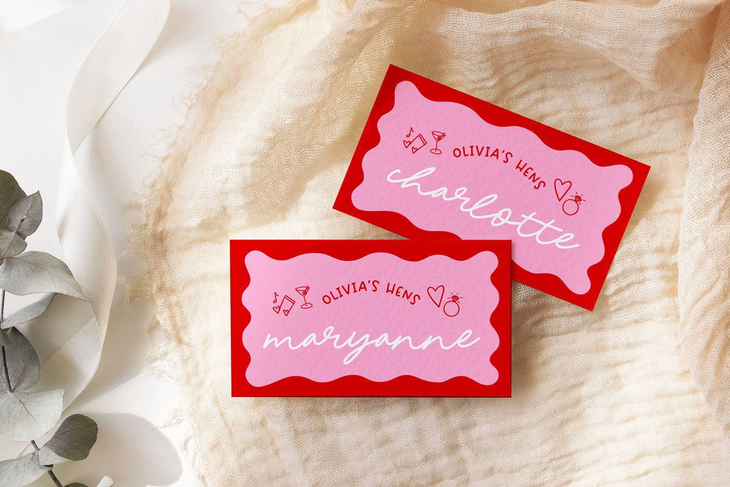 JEMMA Pink Wave Placecard Template, Editable Wriggly Name Card Template, Hand Drawn Colourful Bridal Shower, Templett Instant Download