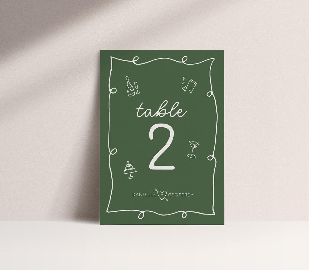 POET Forest Green Table Numbers Template, 5 x 7 Wedding Table Numbers Template, Wriggly Hand Drawn, Bohemian Editable Instant Download