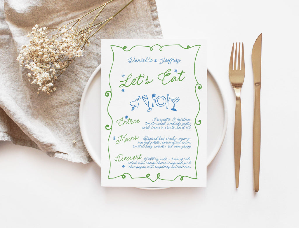 GEORGIE Wavy Hand Drawn Wedding Menu Template, Dinner Drinks Bar Menu, Handwritten Scribble Illustration, Editable Templett Download
