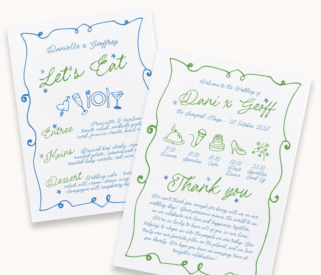 GEORGIE Whimsical Wedding Thank You Order of Events Menu, Fun Quirky Wedding Menu, Scribble Illustration, Editable Templett Download