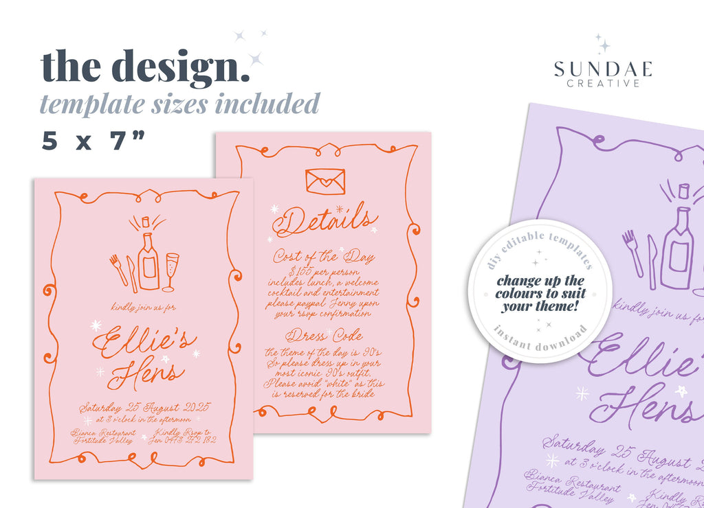 GEORGIE Modern Pink Hens Night Invitation Template, Icon Illustration Hens Weekend, Fun Pink Hens Party Invite, Editable Templett Download