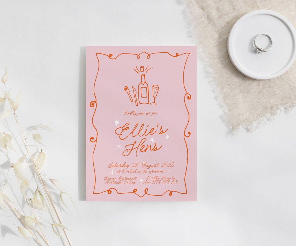 GEORGIE Hens Night Invitation Template, French Vintage Illustration Hens Weekend, Fun Pink Hens Party Invite, Editable Templett Download