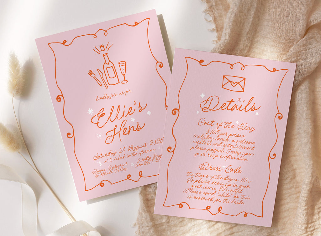 GEORGIE Hens Night Invitation Template, French Vintage Illustration Hens Weekend, Fun Pink Hens Party Invite, Editable Templett Download