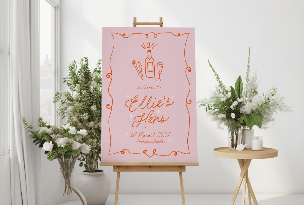 GEORGIE Modern Pink Hens Night Welcome Sign Template, Icon Illustration Hens Weekend, Fun Pink Hens Welcome, Editable Templett Download