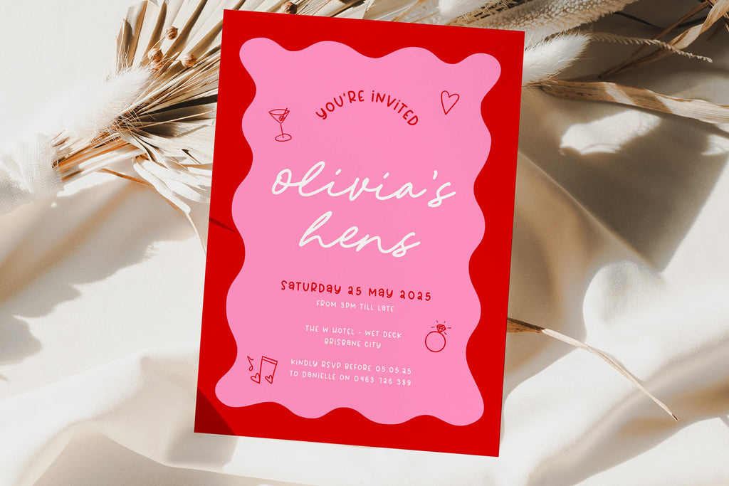 JEMMA Modern Wavy Hens Invitation Template Download, Editable Template Instant Download, Pink Red Hand-drawn border, Templett