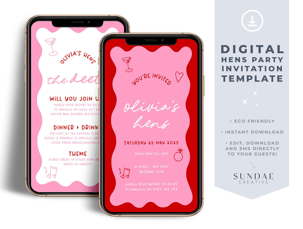 JEMMA Pink Red Digital Hens Party Invitation Template Download, Editable SMS Cell Template Instant Download, Wavy border, Templett