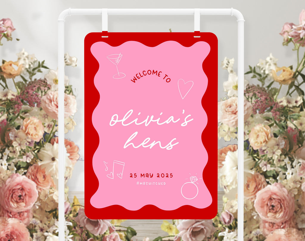 JEMMA Pink Red Wavy Bridal Shower Hens Welcome Sign Template Download, Bachelorette Welcome Template Instant Download, Wavy border, Templett