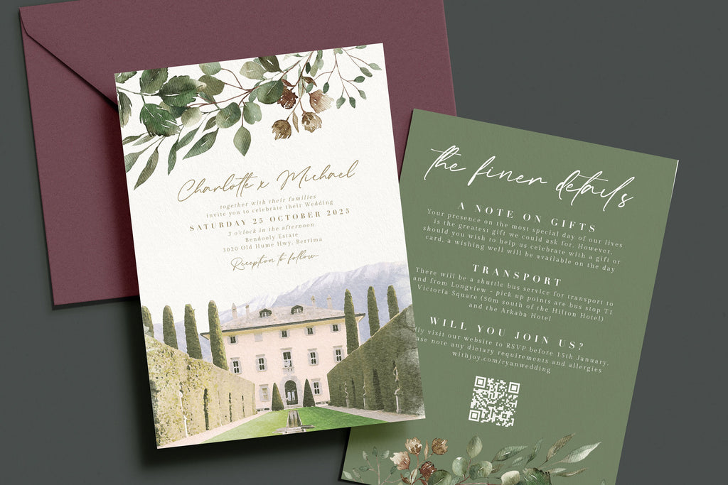 RUTH Custom Wedding Invitation with Watercolor Venue Painting, Greenery Editable Invitation Suite, Custom Watercolor Wedding Venue