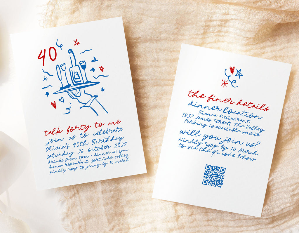 CLARA Hand drawn quirky 40th Birthday Invitation Template, Illustration Drawing birthday forty fifty thirty 30th, Editable Templett Download
