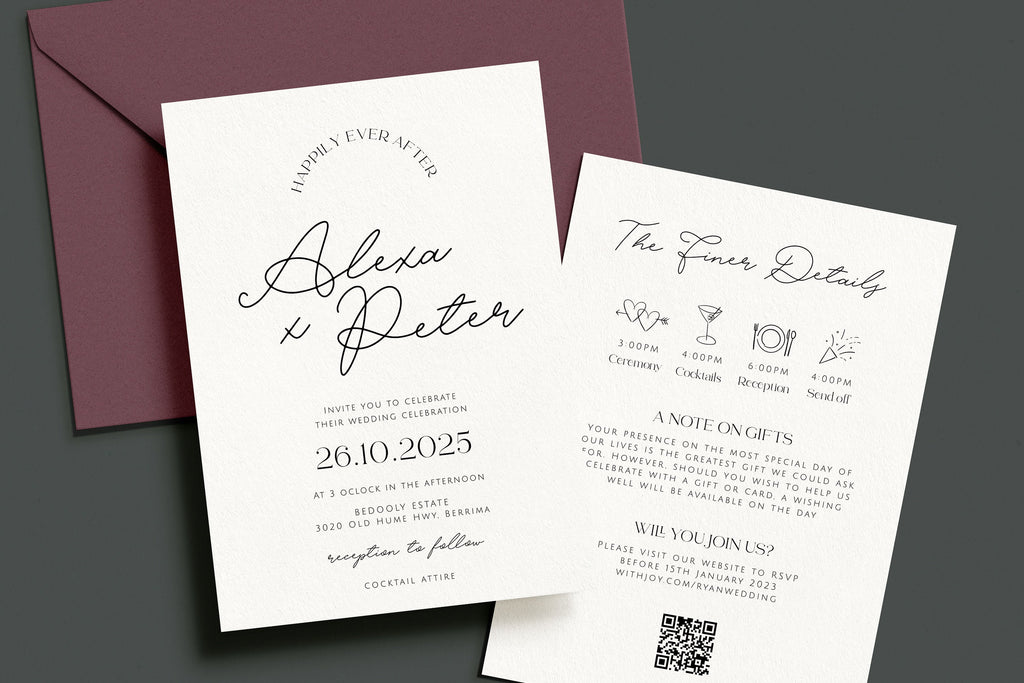 DAZZLE Modern Wedding Invitation Template with QR Code, Minimalist Wedding Invite, Modern QR Details, Editable Templett