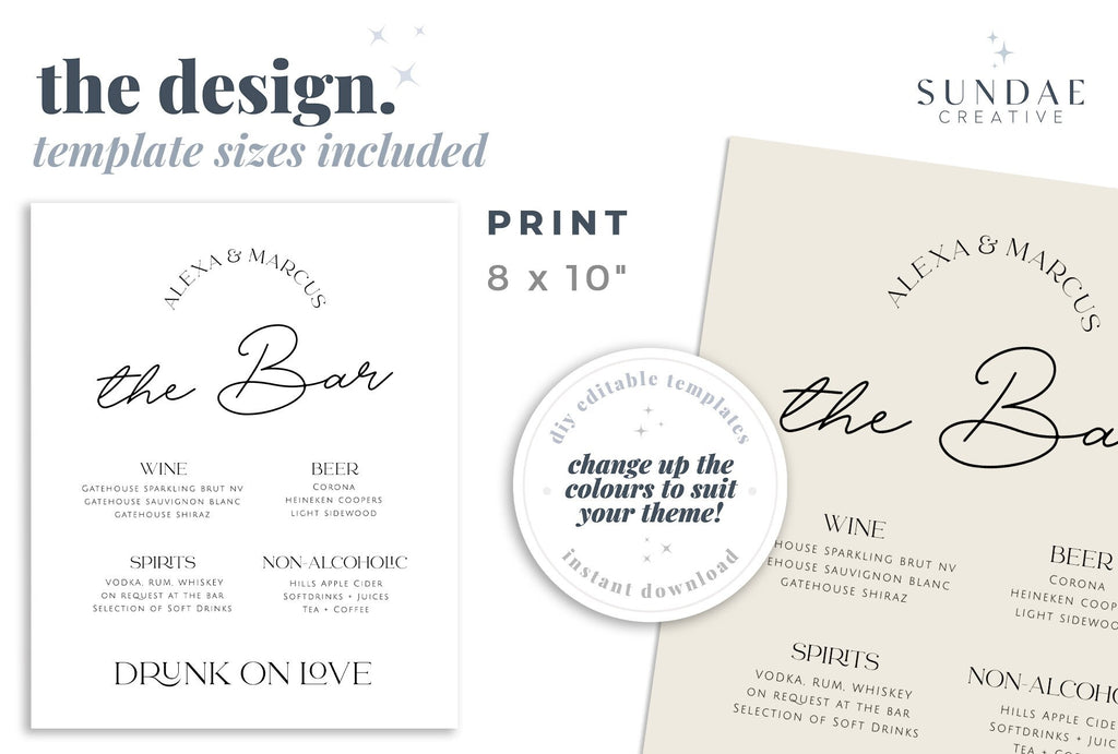 DAZZLE Minimalist Wedding Bar Menu Template, Printable Wedding Drink Sign | Modern Drink Menu, Bar Menu Template, Templett Editable