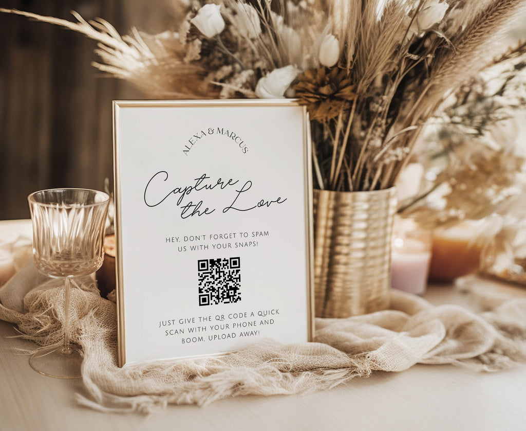 DAZZLE Minimalist Capture the Love QR Code Sign Template, Wedding Photo Signs, Share the Love, Wedding QR Code Signs, Editable Templett