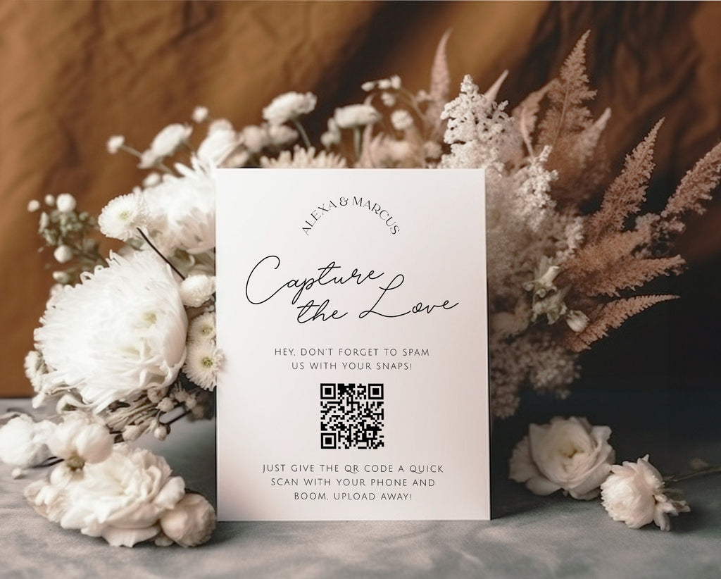 DAZZLE Minimalist Capture the Love QR Code Sign Template, Wedding Photo Signs, Share the Love, Wedding QR Code Signs, Editable Templett