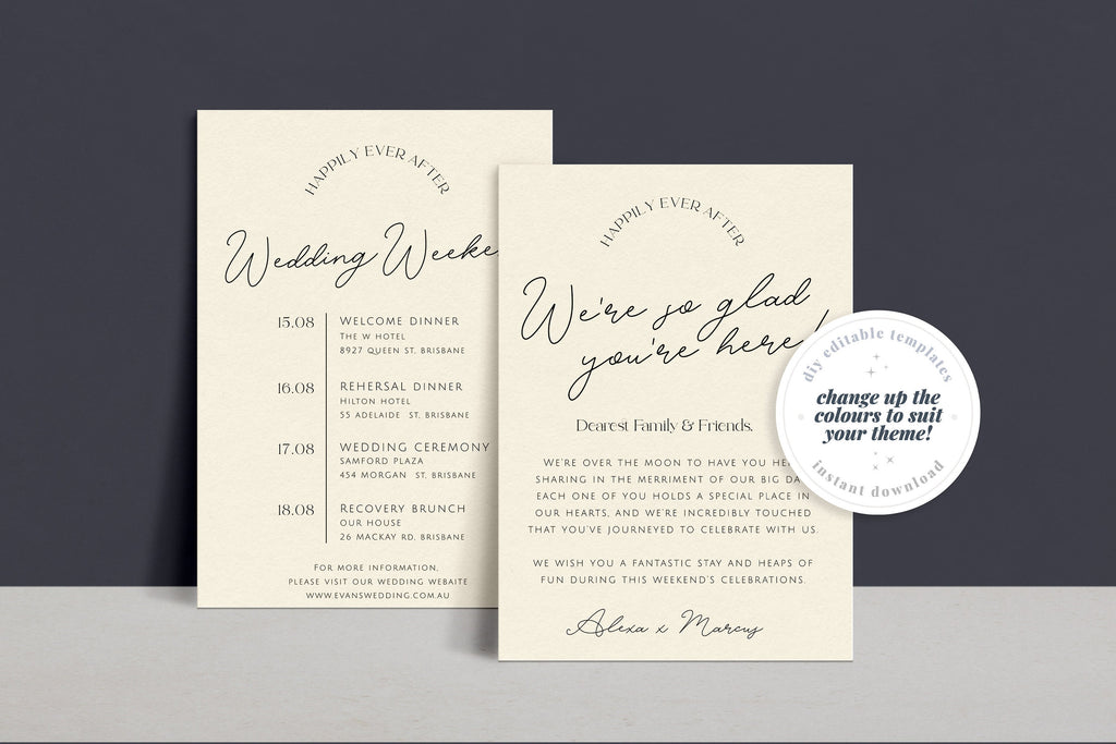 DAZZLE Modern Wedding Events Card Template, Wedding Welcome Note, Wedding Event Timeline, Modern Wedding Schedule, Editable Templett