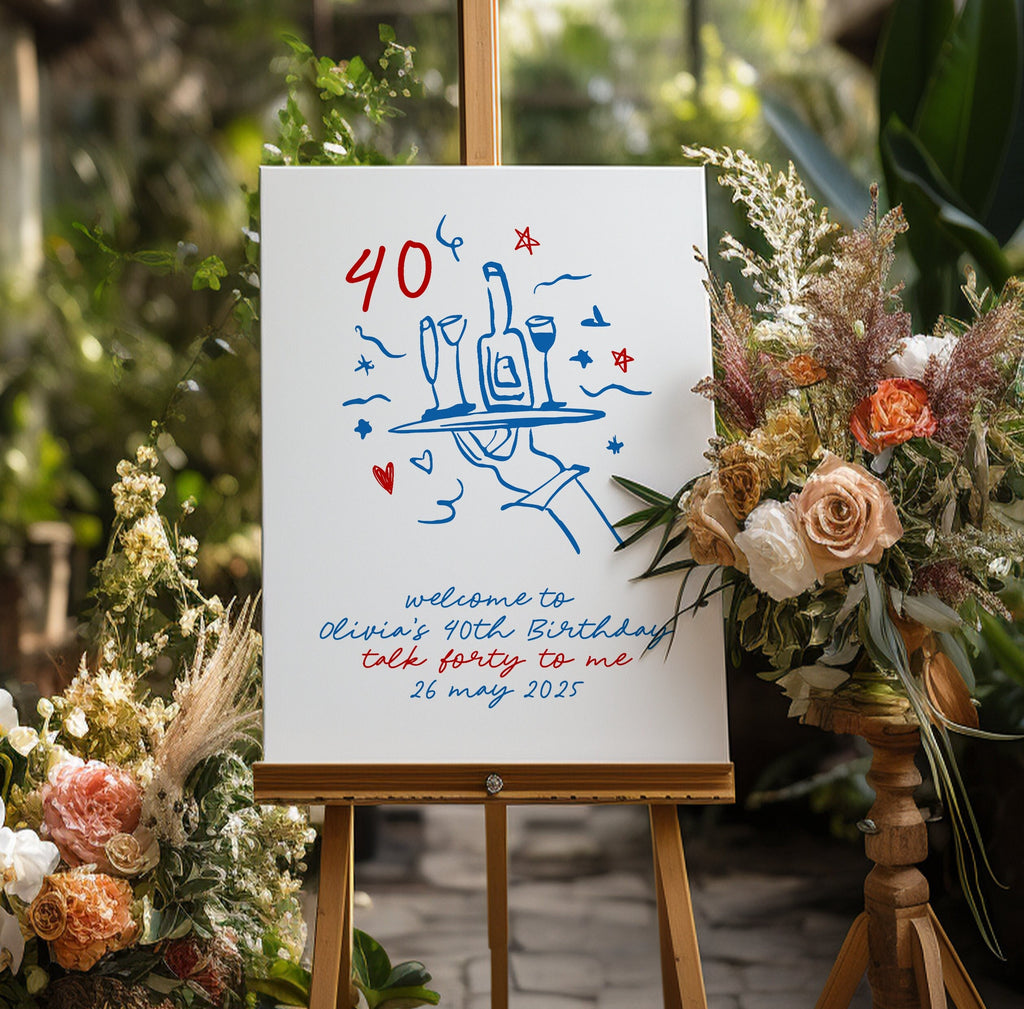 CLARA Fun modern 40th Birthday Welcome Sign Template, Illustration Drawing birthday forty fifty thirty 30th sign, Editable Templett Download