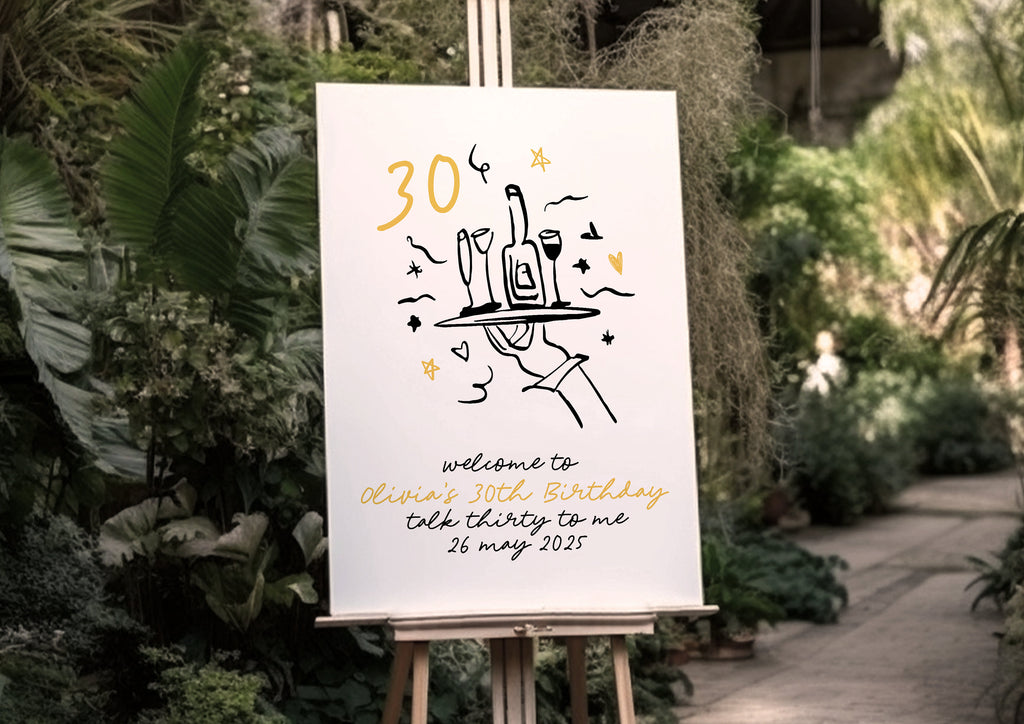 CLARA Fun Modern 30th Birthday Welcome Sign Template, Illustration Drawing birthday thirty 30th sign, Black Gold Editable Templett Download