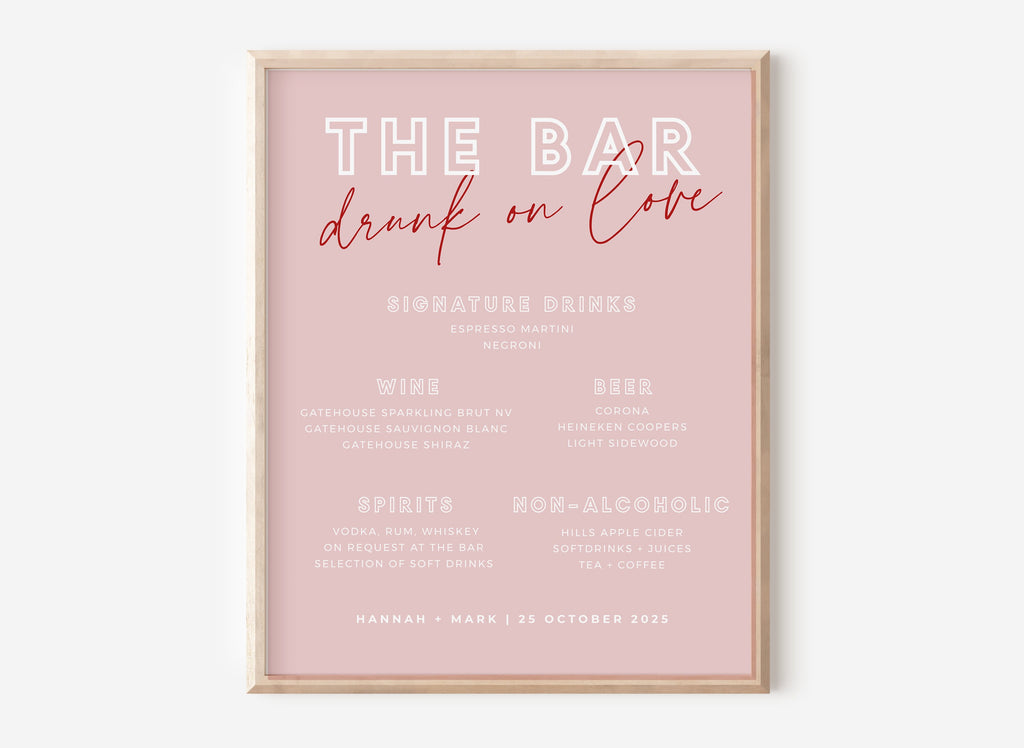 BRODY Pink Red Wedding Bar Sign Template, Pink Hen Weekend Shower Drinks Sign, Printable template, Instant Download Editable Templett