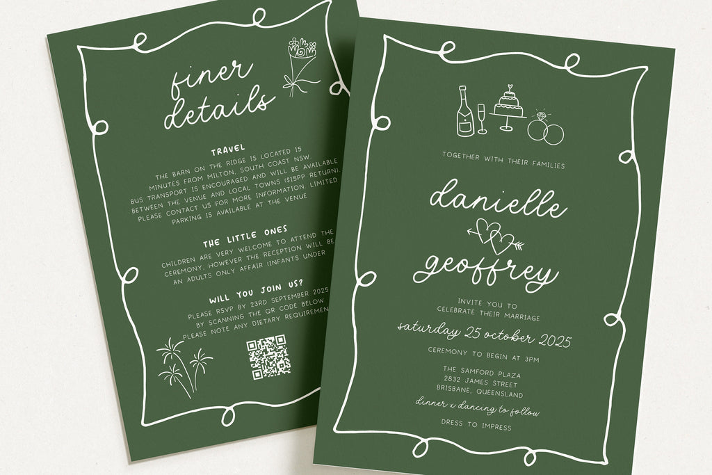 POET Wavy Forest Wedding Invitation Template, Green Hand drawn Wave Wedding Invite, Engagement Invite, Editable Templett Instant Download