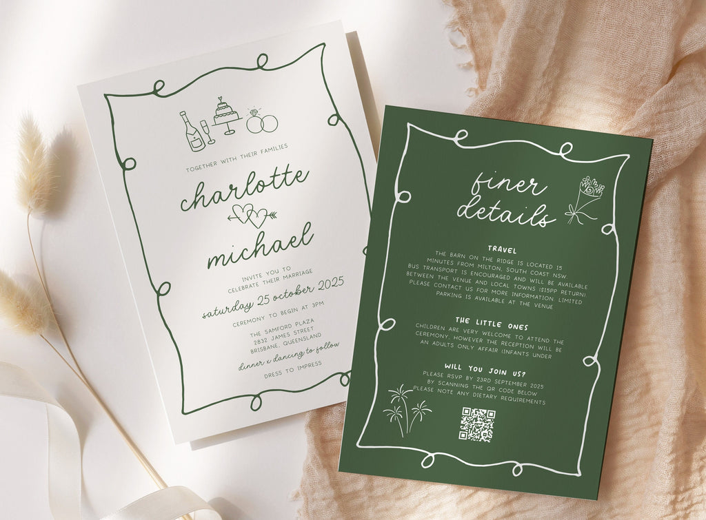POET Modern Quirky Wedding Invitation Template, Green Hand drawn Wave Wedding Invite, Engagement Invite, Editable Templett Instant Download