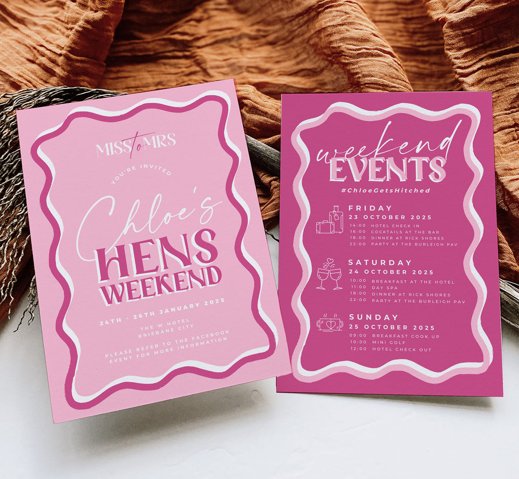 SONNY Pink Wavey Hens Weekend Invite, Pink Hen Weekend Events, Bridal Shower Invitation template, Instant Download Editable Templett