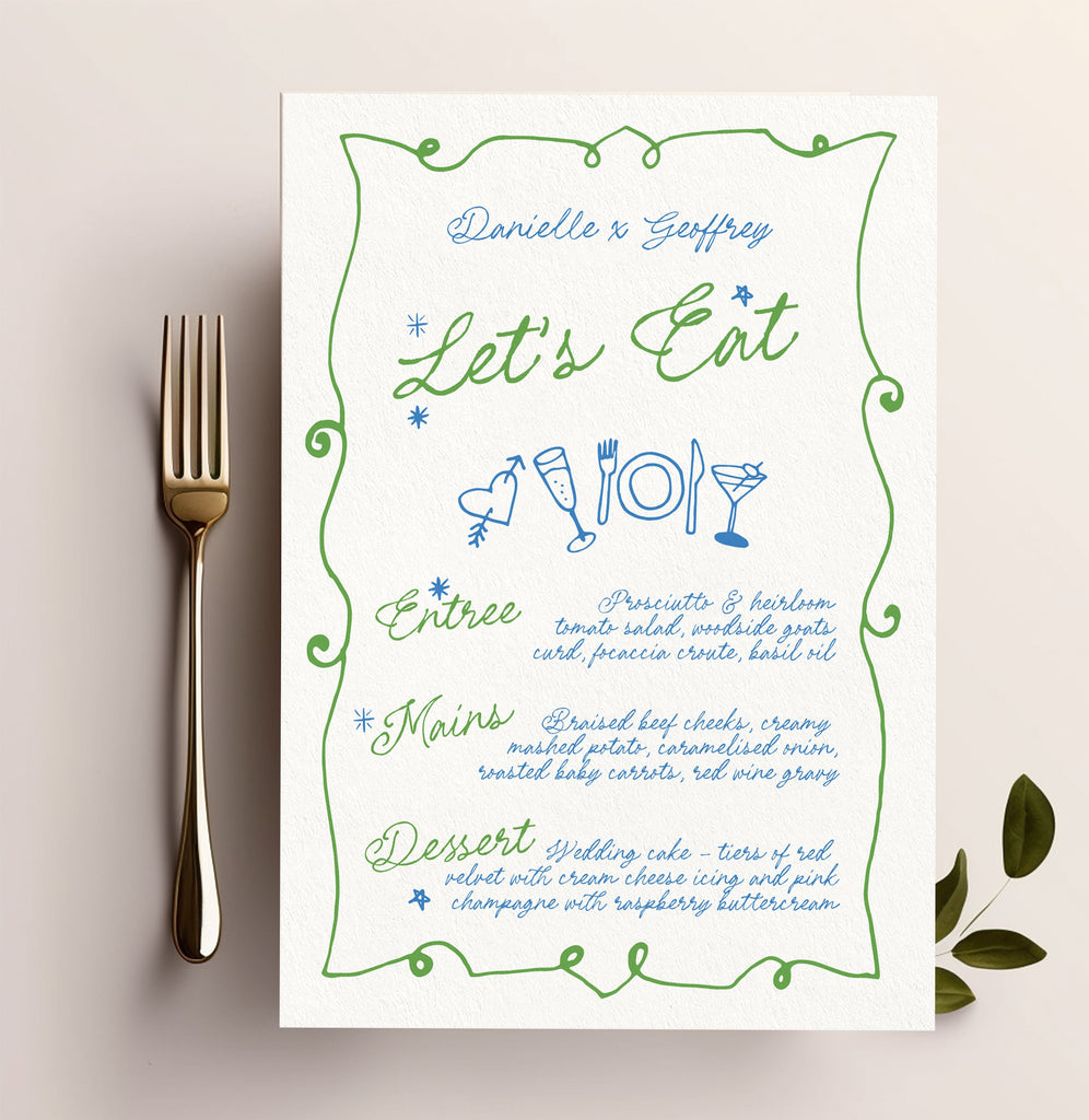 GEORGIE Modern Whimsical Wedding Menu Template, Dinner Drinks Bar Menu, Hand Drawn Scribble Illustration, Editable Templett Download