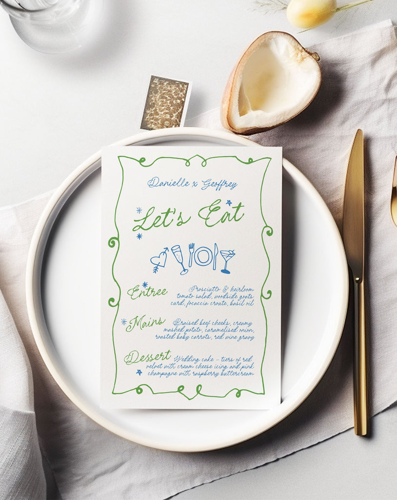 GEORGIE Wavy Hand Drawn Wedding Menu Template, Dinner Drinks Bar Menu, Handwritten Scribble Illustration, Editable Templett Download