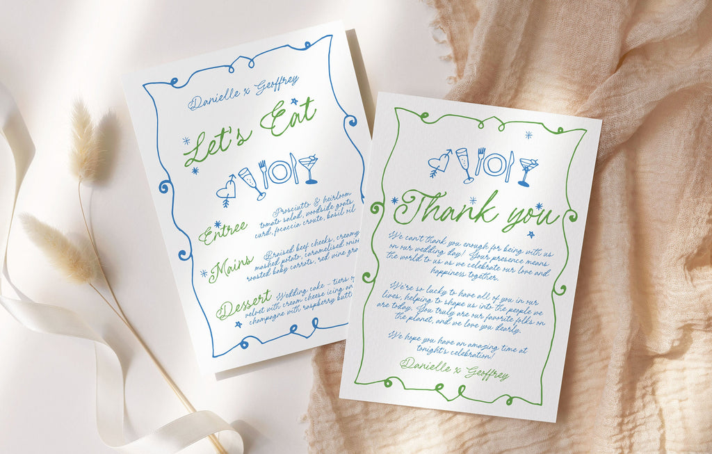 GEORGIE Modern Wedding Thank You Note with Menu, Fun Quirky Wedding Menu, Scribble Illustration, Editable Templett Download